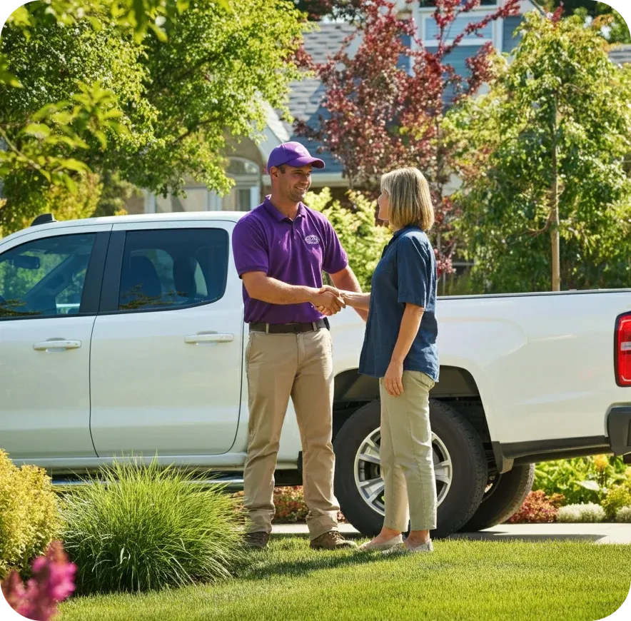 Customer service - lawn technician shaking hands with customer
