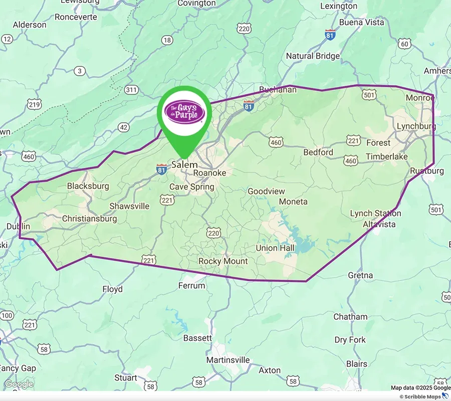 Guys in Purple Service Area Map Roanoke, VIrginia